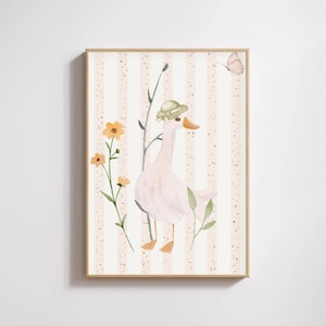 Vintage Goose Poster – Farmhouse Decor for Kids Room – Watercolor Goose with Hat & Flowers – Nature Illustration – Scandinavian Wall Art