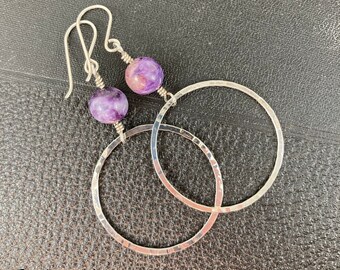 Natural Russian Charoite & Silver Hoop Earrings -- Argentium .935 Silver