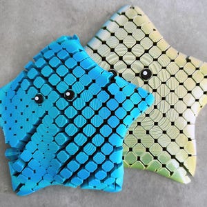May include: Two 3D printed star-shaped objects. One is blue and the other is yellow with green accents. Both have a honeycomb pattern and a small black dot for an eye.