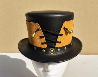 Handmade Black Tan Leather Top Hat Steampunk Lace Up Festival Cosplay Gothic Style