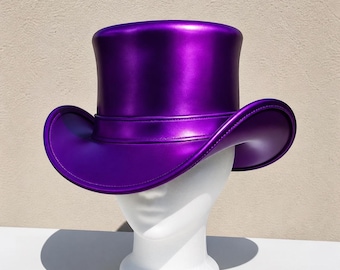 Metallic Purple Leather Top Hat – Handmade Steampunk Festival Costume Hat