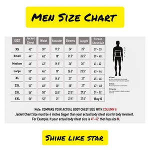 May include: A men's size chart with measurements in inches for jacket chest, waist, shoulder, sleeves, and length. The chart includes sizes XS to 4XL, with a note to compare body chest size to column 6. The text "SHINE LIKE STAR" is at the bottom.