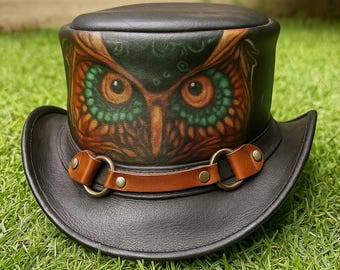Handmade Leather Top Hat: Hand-Painted Owl, Steampunk Cosplay