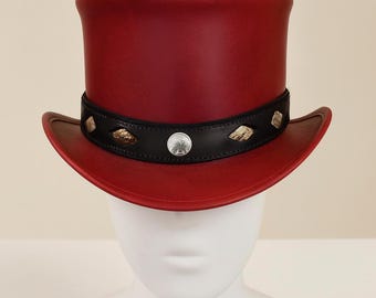 Handcrafted Scarlet Leather Top Hat With Black Studded Band For Steampunk Costume