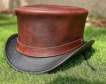 Handmade Two Tone Leather Top Hat Brown and Black Victorian Steampunk Festival Style