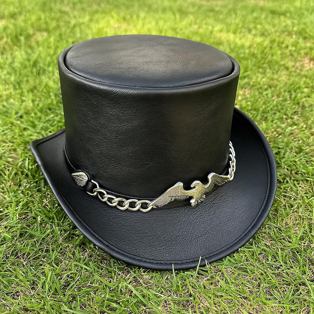 Handmade Black Leather Top Hat With Silver Eagle Chain Biker  display picture 1