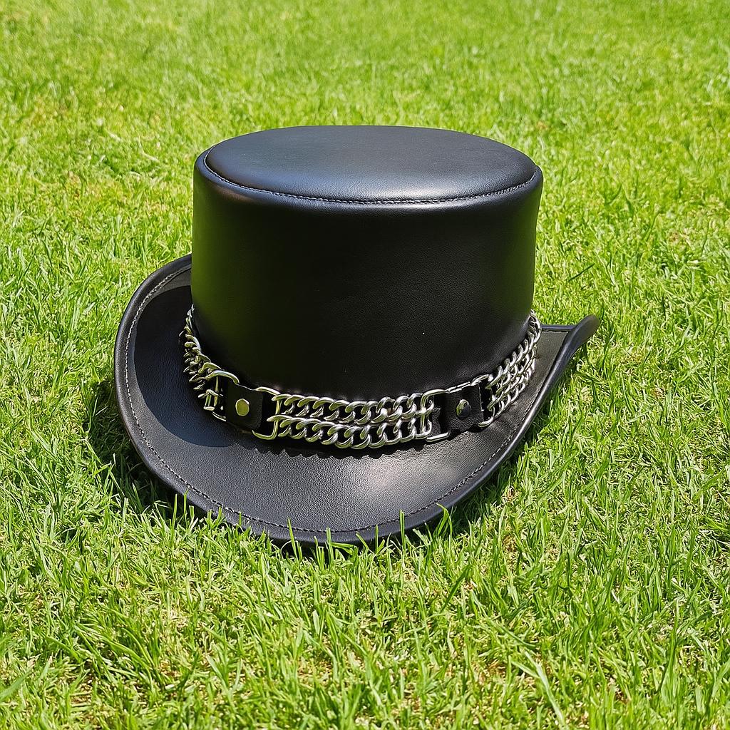 Handmade Black Leather Top Hat With Chain: Gothic Steampunk  display picture 3