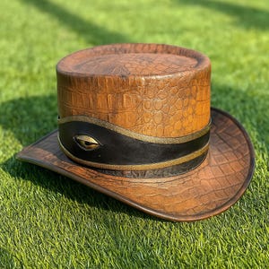 Handmade Brown Embossed Leather Top Hat with Eye Band, Croc Pattern Steampunk Hat, Gothic Costume Hat, Gift for Him or Her