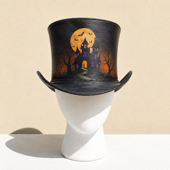 Handmade Leather Halloween Top Hat, Gothic Cosplay Black Hat Gift For Her