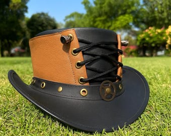 Handmade Black and Brown Leather Steampunk Top Hat with Gear and Lace Detailing