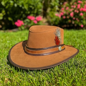 Handmade Suede Leather Cowboy Hat: Outback Western Style with Feather