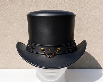 Black Leather Steampunk Top Hat Gothic Victorian Cosplay Mad Hatter Hat