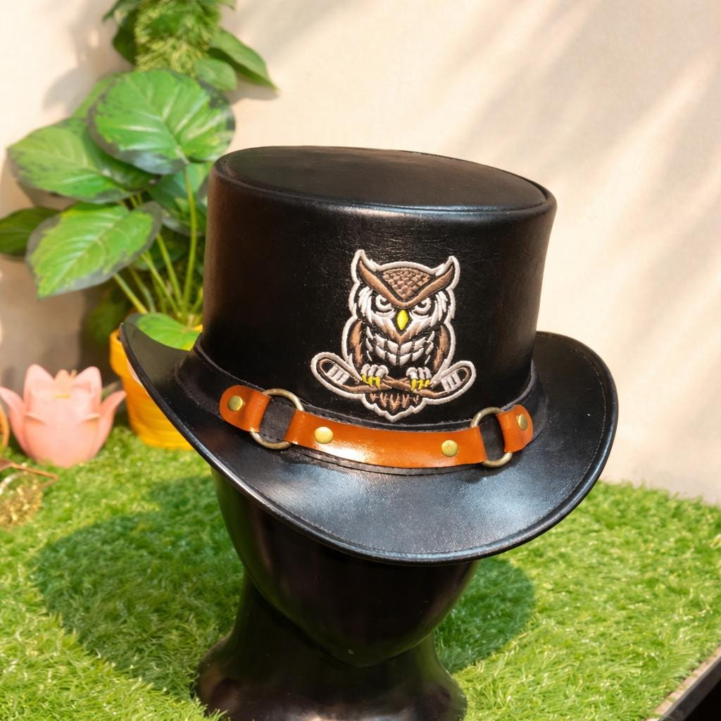 Steampunk Leather Top Hat with Owl Patch – Gothic Western Festival Cosplay Hat