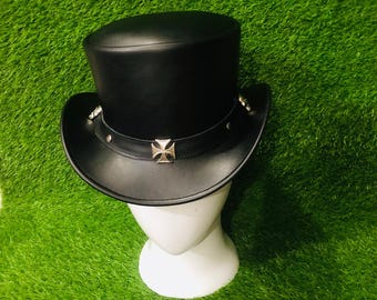Handmade Black Leather Top Hat, Gothic Steampunk Cosplay Costume