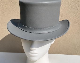 Gray Leather Top Hat Handmade Victorian Steampunk Gothic Formal Costume Hat