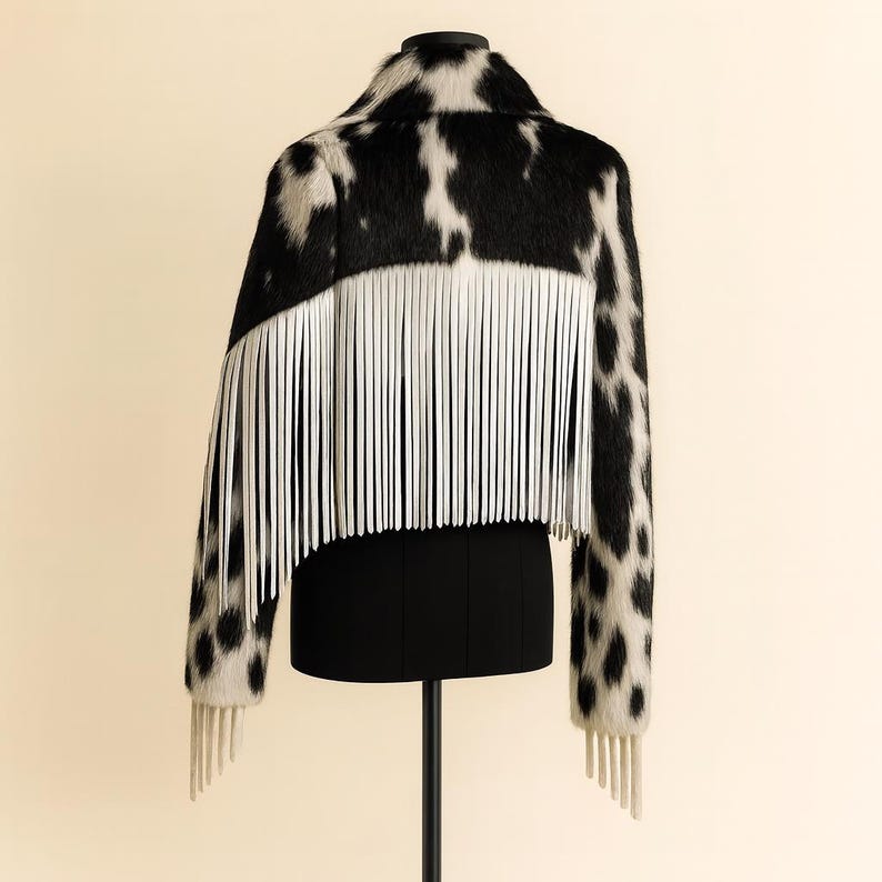 May include: A cropped jacket with a cowhide pattern in black and white. The jacket features long sleeves and white fringe detailing across the back. The jacket is displayed on a black mannequin.