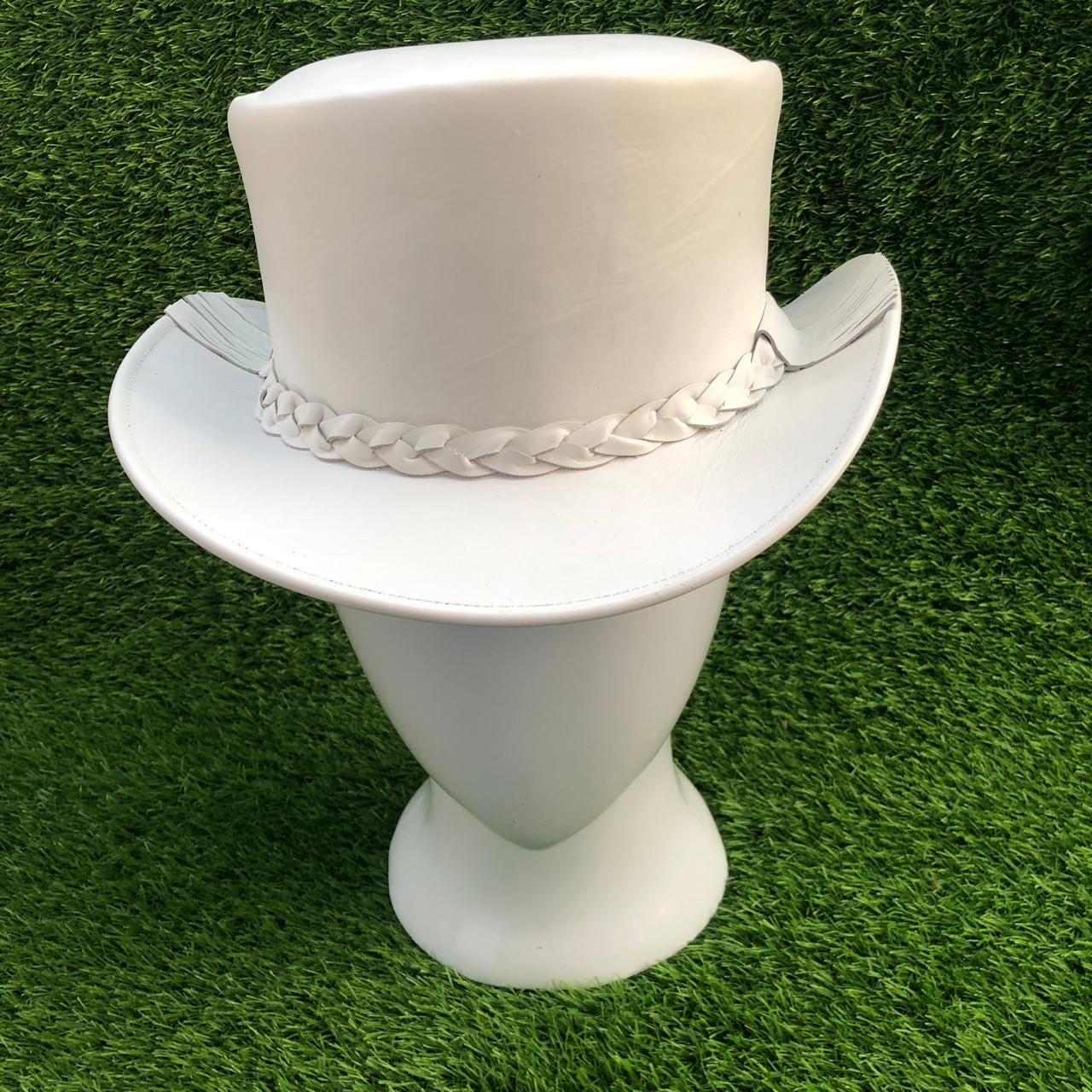 Handmade White Leather Top Hat Braided Band Steampunk 