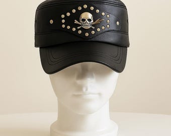 Skull Leather Cadet Cap, Gothic Biker Hat, Pirate Military Costume Headwear