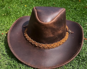 Leather Cowboy Hat, Brown Brim Western Hat for Men and Women, Handmade Ranch Style