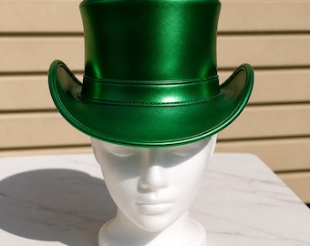 Handmade Green Metallic Leather Top Hat For Steampunk Cosplay Festival Wear
