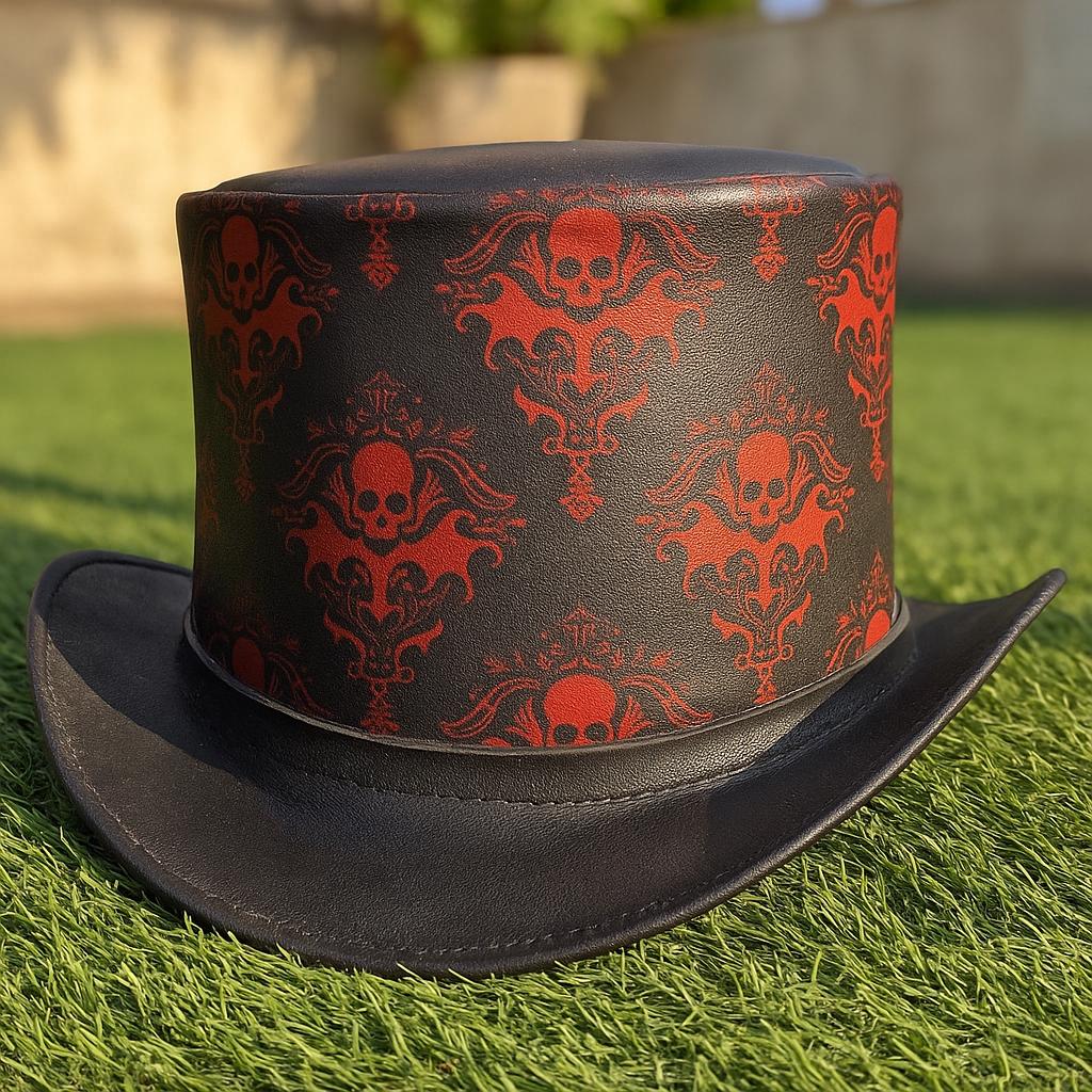 Steampunk Leather Black/Red Top Hat Handmade Black Leather Top Hat: Red Snakeskin Band  main image 4