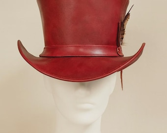 Handmade Red Leather Top Hat With Feather Detail Steampunk Cosplay Hat