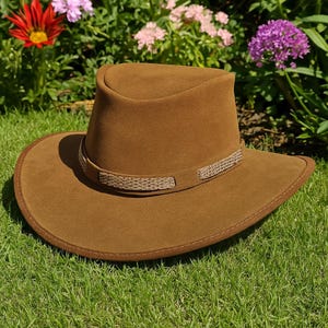 Handmade Tan Suede Leather Cowboy Hat: Braided Band Western Outback Style