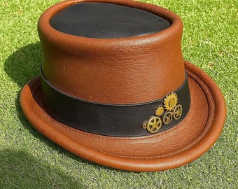 Handmade Leather Steampunk Top Hat: Brass Gear, Gothic Cosplay