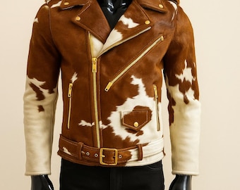 Men's Handmade Brown White Cowhide Leather Biker Jacket, Western Moto Coat