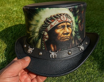 Handmade Black Leather Top Hat with Native Chief Artwork Gothic Steampunk Festival Wear