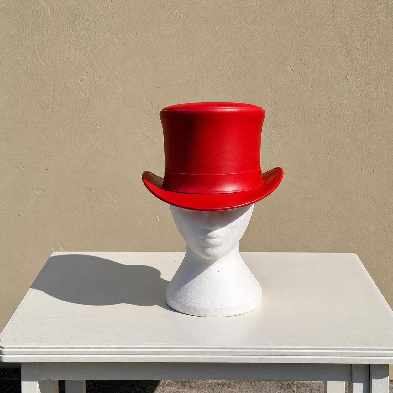 Handmade Bright Red Leather Top Hat Minimal Style For Costume Festival Wear