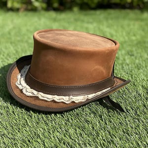 Handmade Brown Suede Leather Top Hat: Victorian Steampunk Lace Trim
