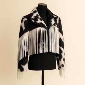 May include: A black and white cow print jacket with white fringe detailing. The jacket is displayed on a black mannequin. The jacket has a collar and long sleeves. The fringe is along the front and sleeves.