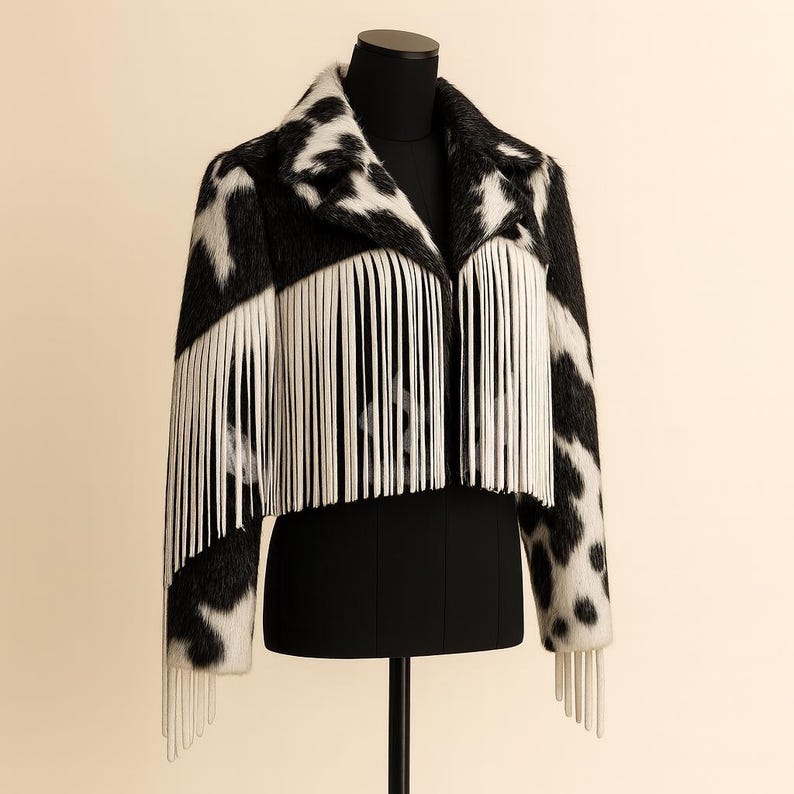 May include: A black and white cow print jacket with white fringe detailing. The jacket is displayed on a black mannequin. The jacket has a collar and long sleeves. The fringe is along the front and sleeves.
