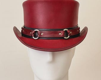 Handmade Red Leather Steampunk Top Hat With Ring Band Festival Cosplay Hat