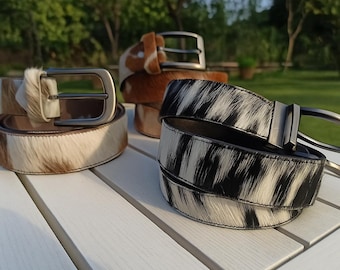 Handmade Hair-On Cowhide Leather Belt: Western Rustic Style