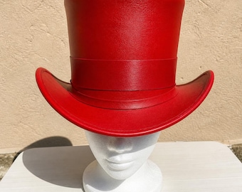 Handmade Red Leather Tall Top Hat Classic Curved Brim For Festival Fashion Wear