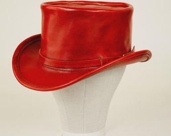 Handmade Red Leather Top Hat Steampunk Festival Cosplay Statement Hat