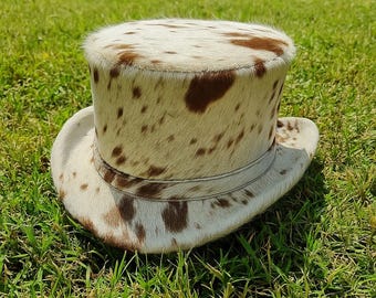 Handmade Cowhide hair on Leather Top Hat Western Spotted Cowboy Steampunk Festival Costume Wear