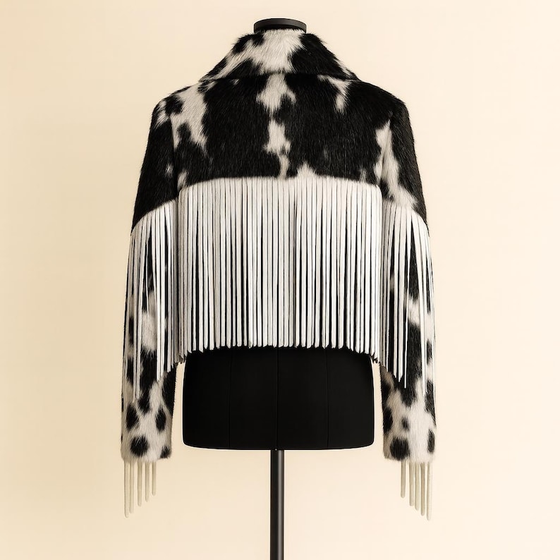 May include: A cropped jacket with a cowhide pattern in black and white, featuring white fringe along the back and sleeves. The jacket is displayed on a black dress form, showcasing its unique design and texture.