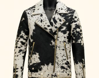 Handgefertigte Rindsleder Westernjacke Dunkelbraun Weiß Echtleder Hair-On Hide Coat mit Reißverschlüssen