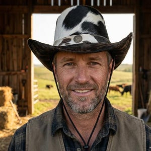 May include: A cowboy hat featuring a black and white cowhide pattern on the crown and a dark brown brim. The hat includes a thin black chin strap and a circular metal emblem centered on the front band, positioned above the brim.