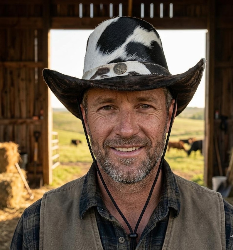 May include: A cowboy hat featuring a black and white cowhide pattern on the crown and a dark brown brim. The hat includes a thin black chin strap and a circular metal emblem centered on the front band, positioned above the brim.