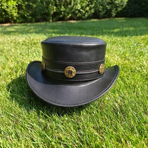 Handmade Black Leather Top Hat: Steampunk Gothic Cowboy Style