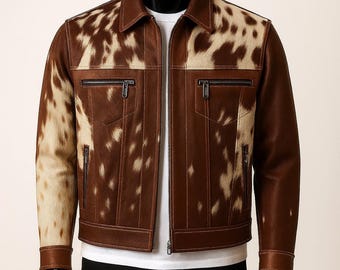 Handgefertigte echte Rindsleder Lederjacke Braun Hair-On Hide Western Styled Oberbekleidung