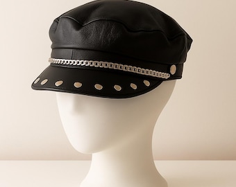Handmade Black Leather Biker Cap, Steampunk Cadet chain trim, Gothic Punk Military Hat