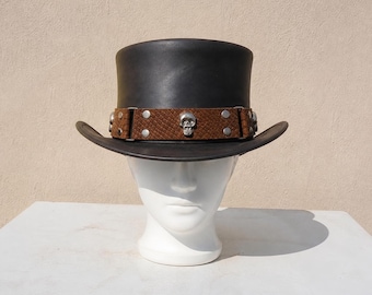 Handmade Black Leather Skull Top Hat Gothic Steampunk Western Festival Cosplay hat
