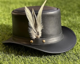 Handmade Black Leather Top Hat: Steampunk Feather Accent, Western Style