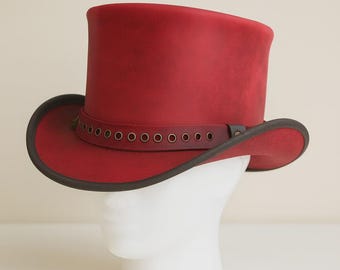 Handcrafted Red Leather Top Hat With Eyelet Band Gothic Steampunk Style