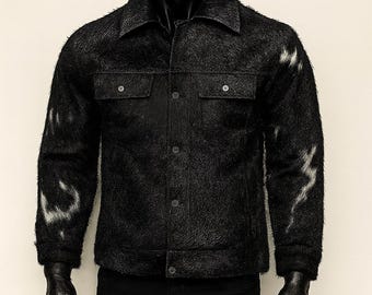 Handmade Rustic Cowhide Leather Jacket Black Hair-On Hide Western Genuine Leather Coat
